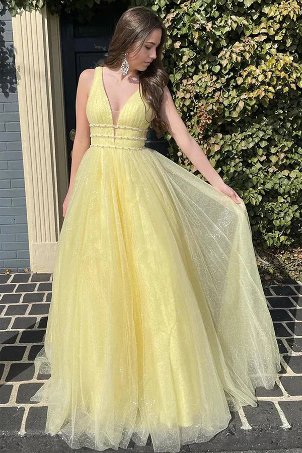 Vestido de fiesta formal largo de tul con cuentas y purpurina en forma de A